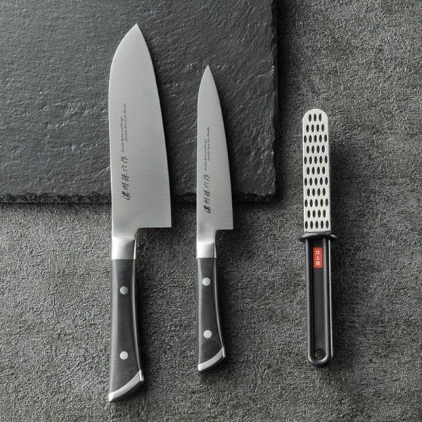 Photo1: Chaozhou Magoroku work / santoku knife & petty knife & sharpener (1)