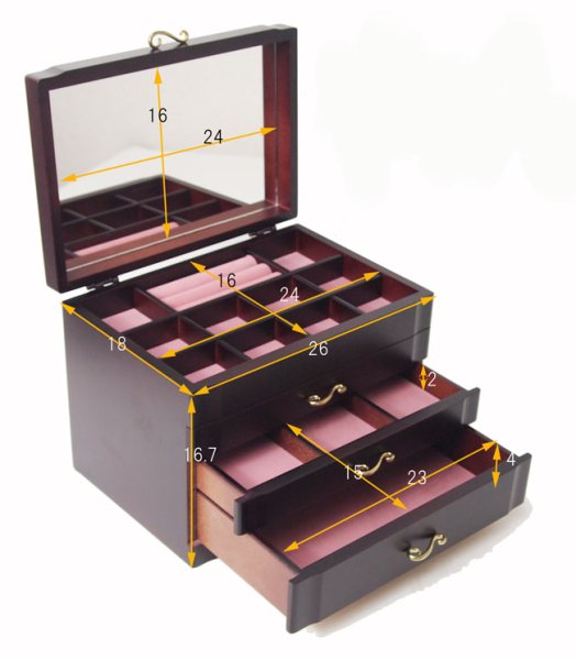 Photo4: made in japan Wooden jewelry box with a mirror (3 drawer) wine (4)